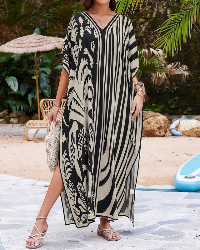 Bsubseach Damen Beachwear Türkische Kaftans Lange Strandkleid Caftan Beach Dress 1-zebrastreifen, 1-