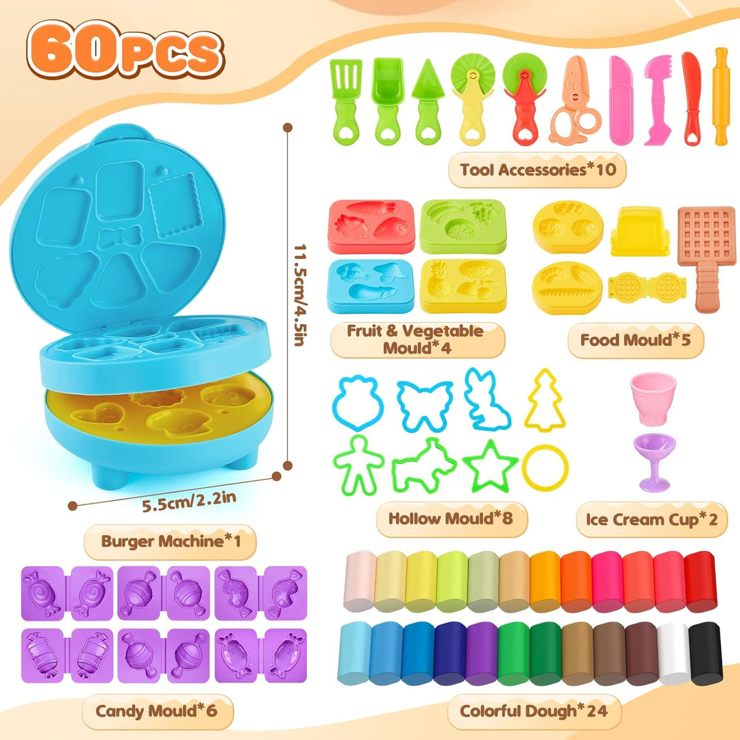 Knete Dough Set für Kinder, 60 Stück Knete Zubehör mit Hamburger Brater, Knetwerkzeug mit Accessoire