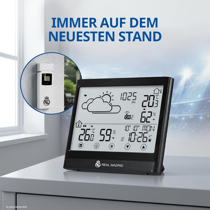 Real Madrid Wetterstation mit Aussensensor, Touch-Display, Frostwarnung, DCF-Signal, Weiss