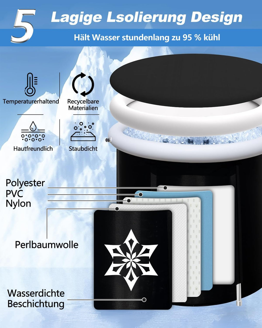 Eisbad Tonne mit Kühlsystem (80 cm Ø) XL, Eistonne Eisbaden mit 8 Edelstahlstangen, Sporttasche/Hitz