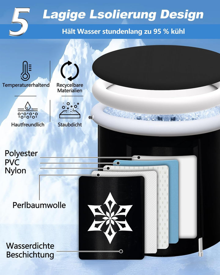 Eisbad Tonne mit Kühlsystem (80 cm Ø) XL, Eistonne Eisbaden mit 8 Edelstahlstangen, Sporttasche/Hitz