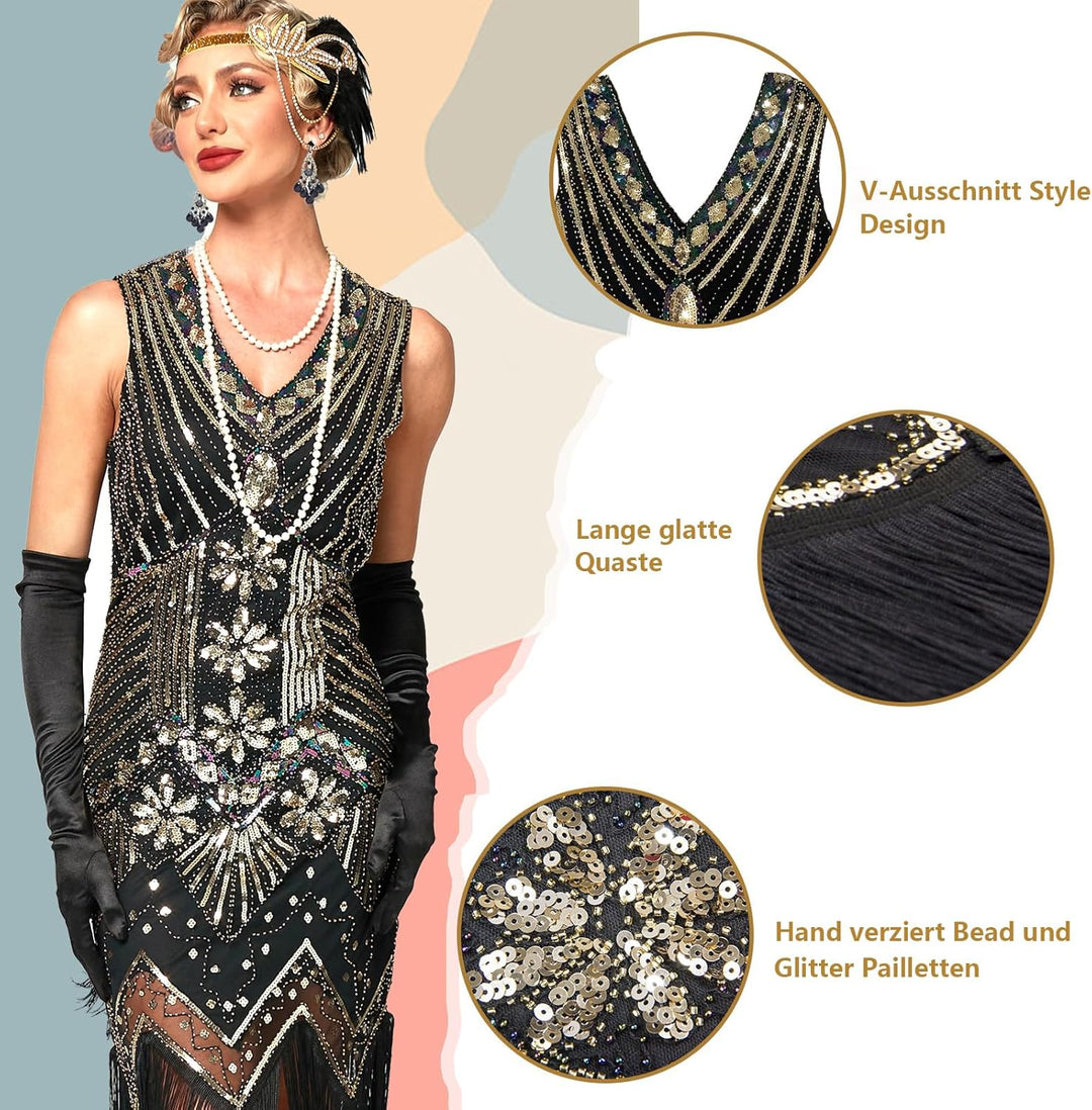 12 Stück 1920er Charleston Kleid Jahre V-Ausschnitt Pailletten Perlen Fransen Kleid mit 20er Jahre A