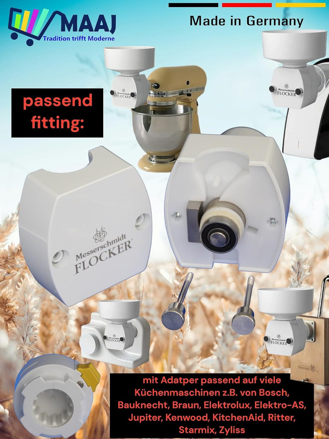 ERSATZTEILE FLOCKER FÜR KITCHENAID VON MESSERSCHMIDT WIE RÄNDELWALZE TRICHTER - MADE IN GERMANY (Kei