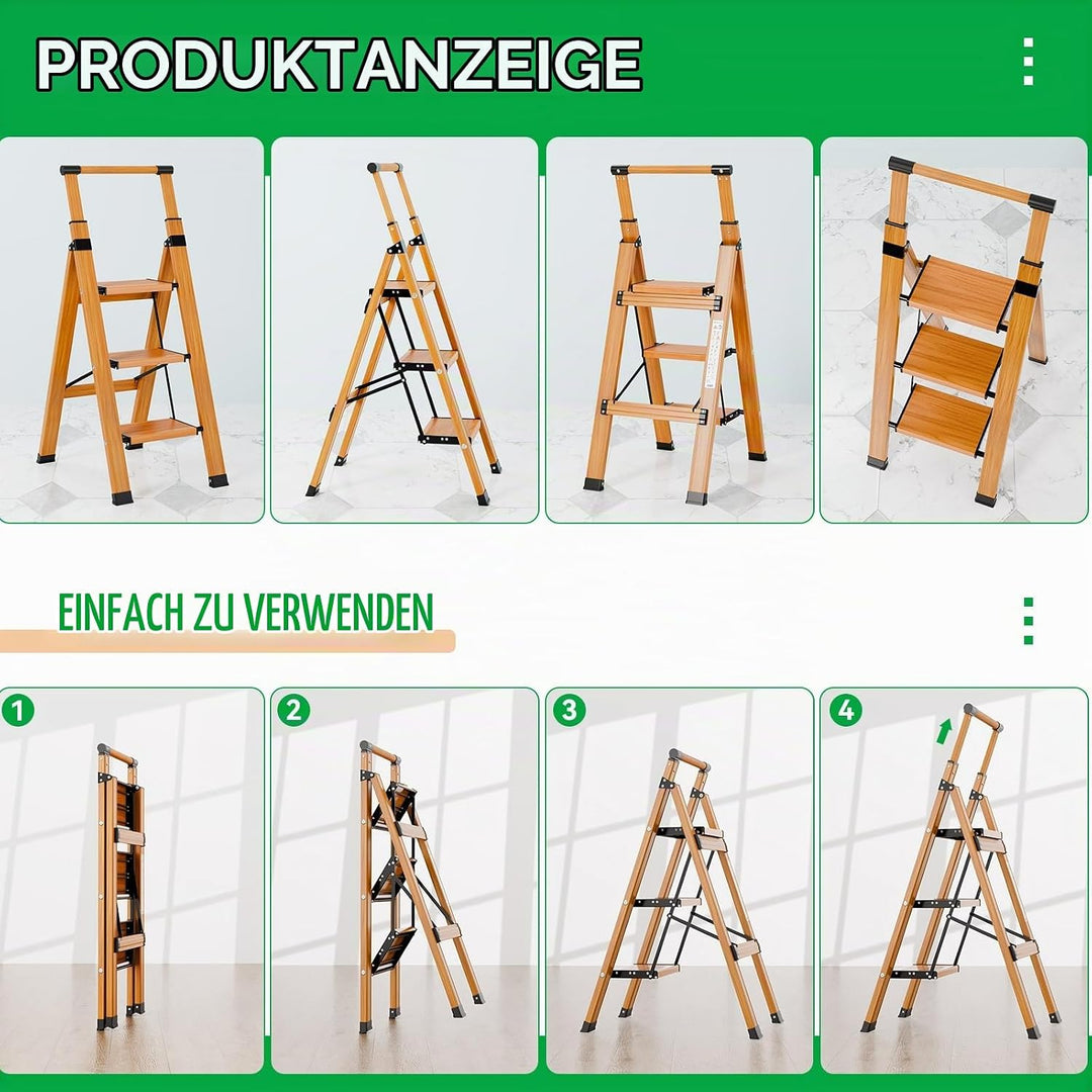 KULACO Trittleiter 3 Stufen klappbar, rutschfeste Haushaltsleiter, Multifunktionsleiter Holzmaserung