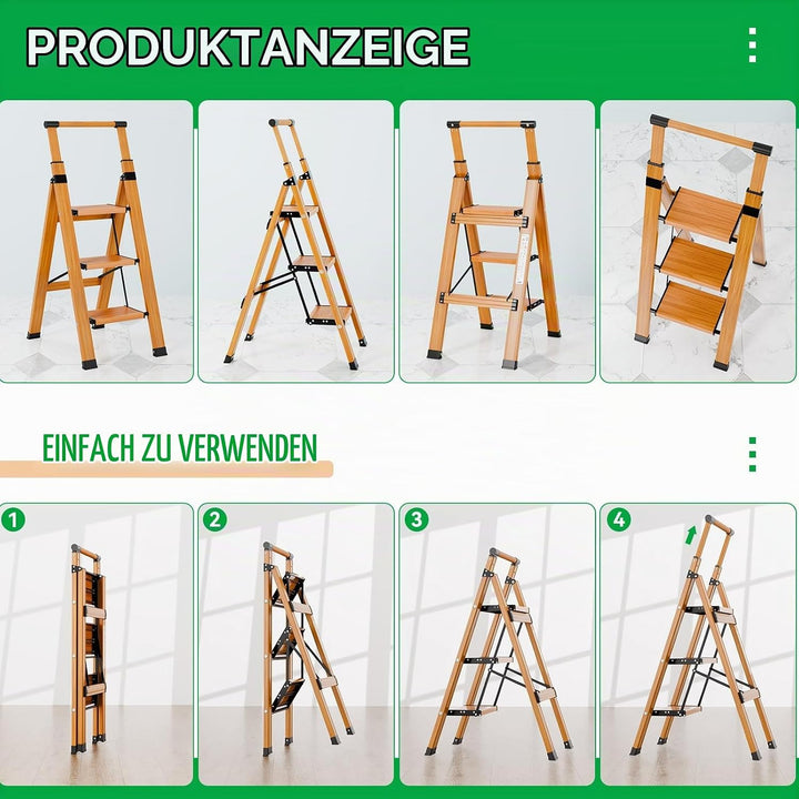 KULACO Trittleiter 3 Stufen klappbar, rutschfeste Haushaltsleiter, Multifunktionsleiter Holzmaserung