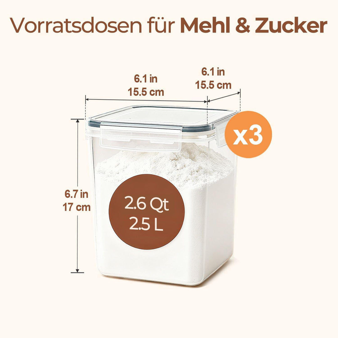 ComSaf Mehl Aufbewahrung 2.5L 3Pcs, Vorratsdosen mit Deckel luftdicht, Vorratsbehälter, luftdichte A