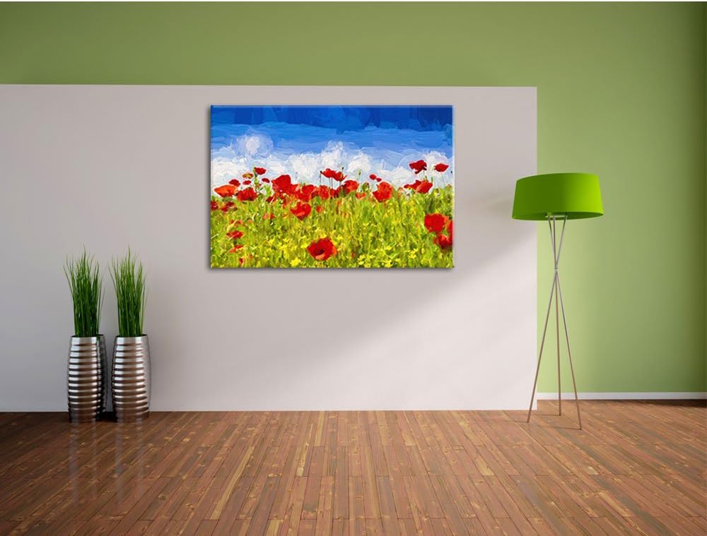 Mohnwiese Pinsel Effekt, Format: 100x70 auf Leinwand, XXL riesige Bilder fertig gerahmt mit Keilrahm