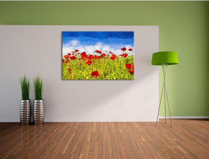 Mohnwiese Pinsel Effekt, Format: 100x70 auf Leinwand, XXL riesige Bilder fertig gerahmt mit Keilrahm