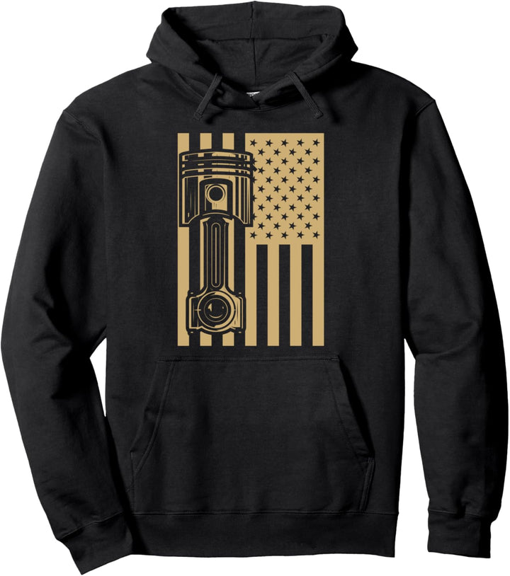American Flag Auto Motor Kolben Vintage Classic Car Gear Guy Pullover Hoodie