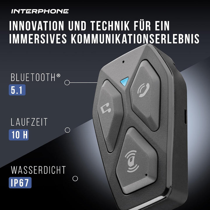 Interphone | COM3HD | Single | Bluetooth 5.1 Motorrad-Helm-Gegensprechanlage, 40-mm-HD-Kopfhörer, Mo