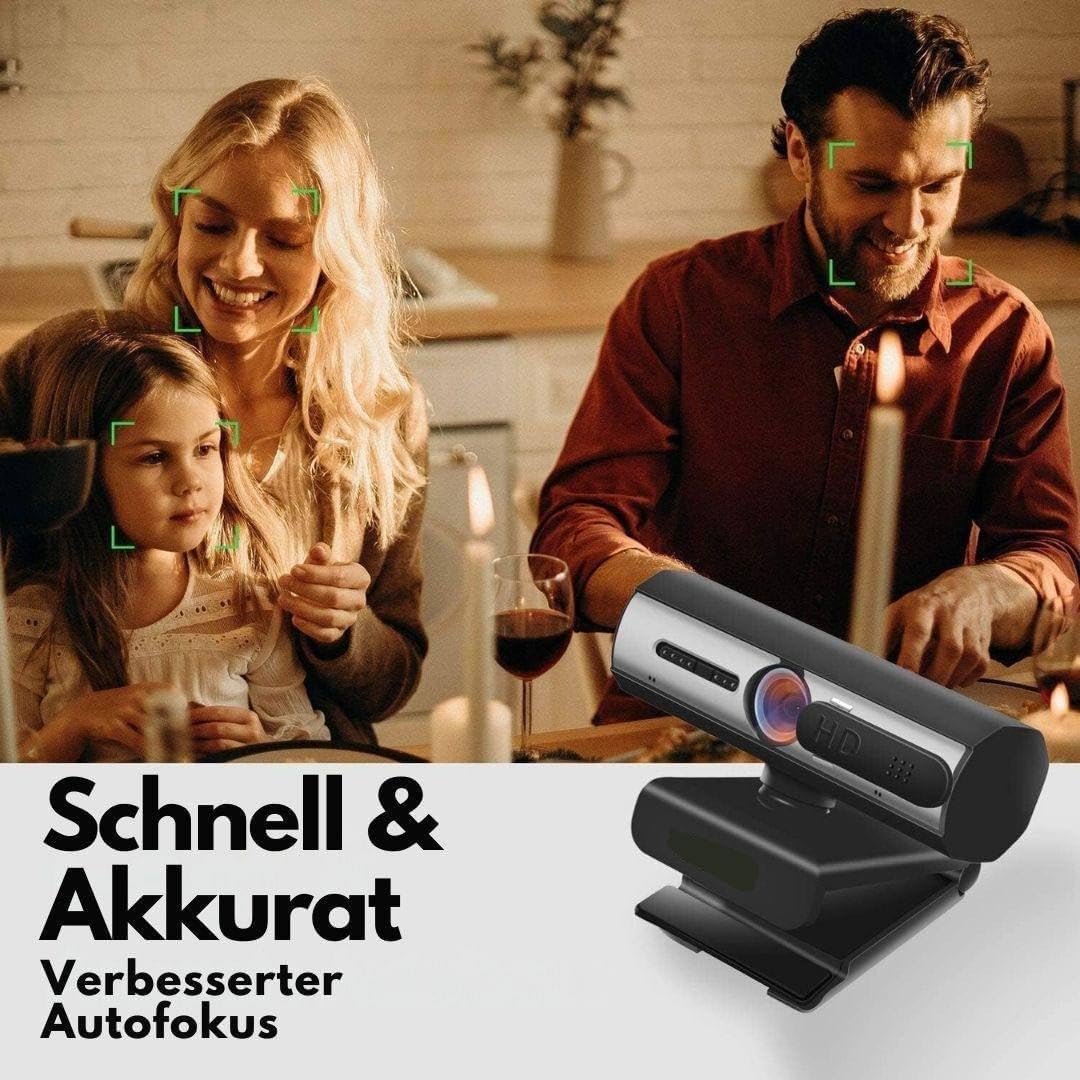Full HD Webcam mit Autofokus, 4x Digitalzoom, Weitwinkelobjektiv, Dual Noise-Cancelling Mikrofon, Au