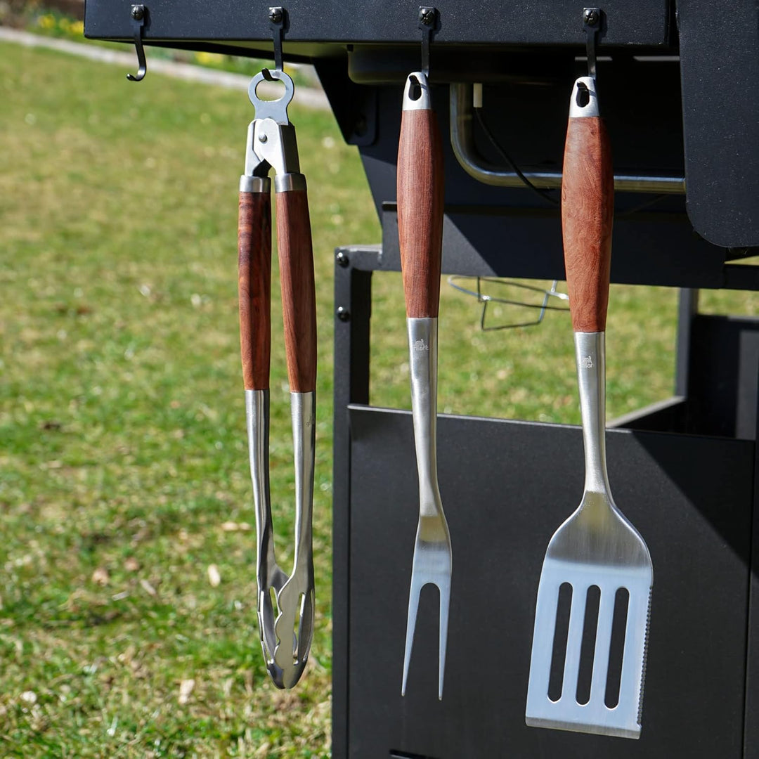 grillart® Premium Grillbesteck Set, 3-teilig aus hochwertigem Edelstahl und edlen Holzgriffen – Gril
