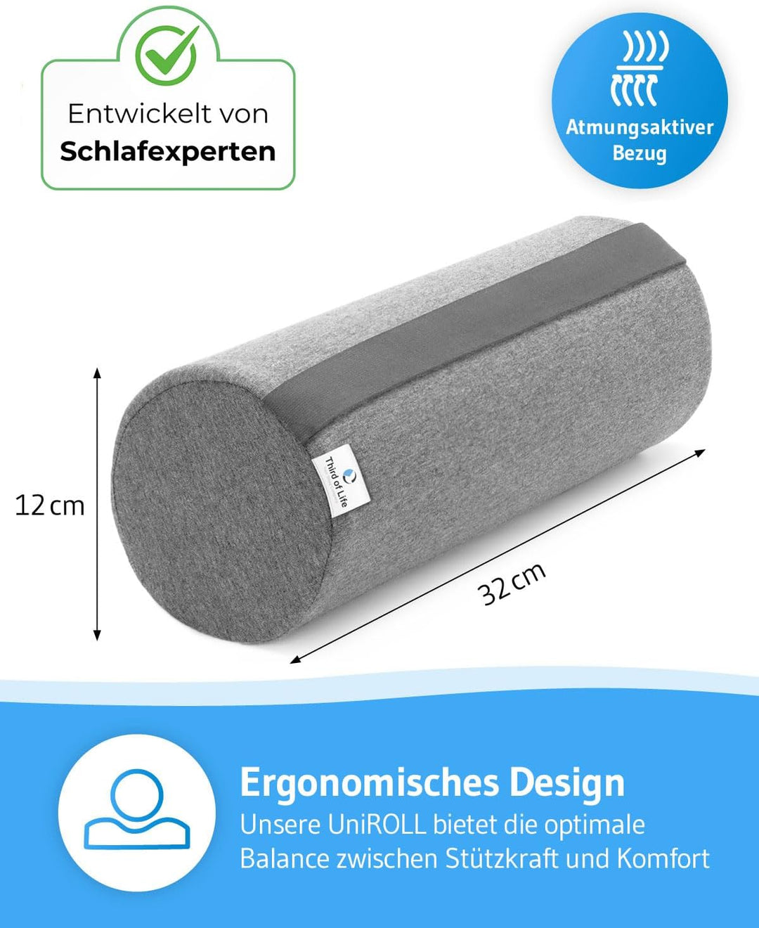 Nackenrolle UniROLL 12x32 cm | Kissen-Rolle für Nacken, Knie &amp; Yoga | Lagerungsrolle aus ergonomisch