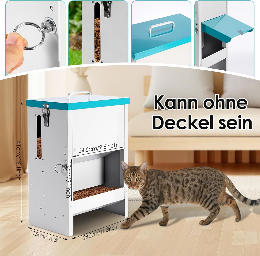MUYIRTED Futterautomat für Mehrere Katze, 10L Futterspender Katze Trockenfutter, Metall, Regendicht,