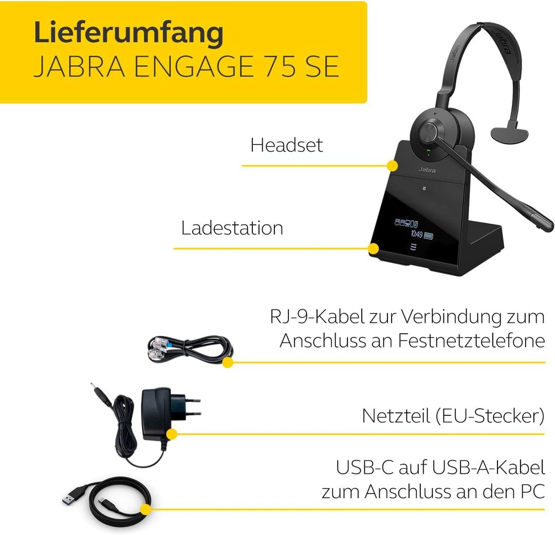 Engage 75 SE Mono Headset with Headband pad, Base, Power Supply, 1.5m USB-C to USB-A Cable, Desk Pho