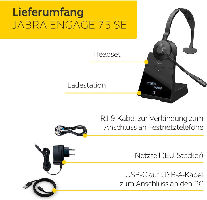 Engage 75 SE Mono Headset with Headband pad, Base, Power Supply, 1.5m USB-C to USB-A Cable, Desk Pho