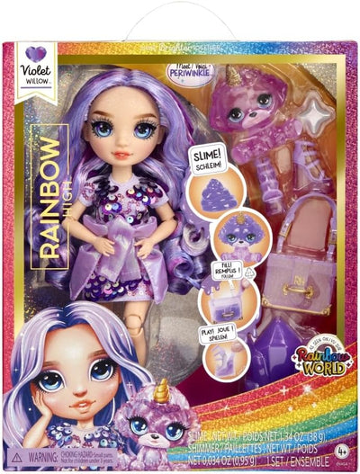 Rainbow High Modepuppe mit Schleim & Haustier - Violet (Lila) - 28 cm Schimmernde Puppe mit Glitzers