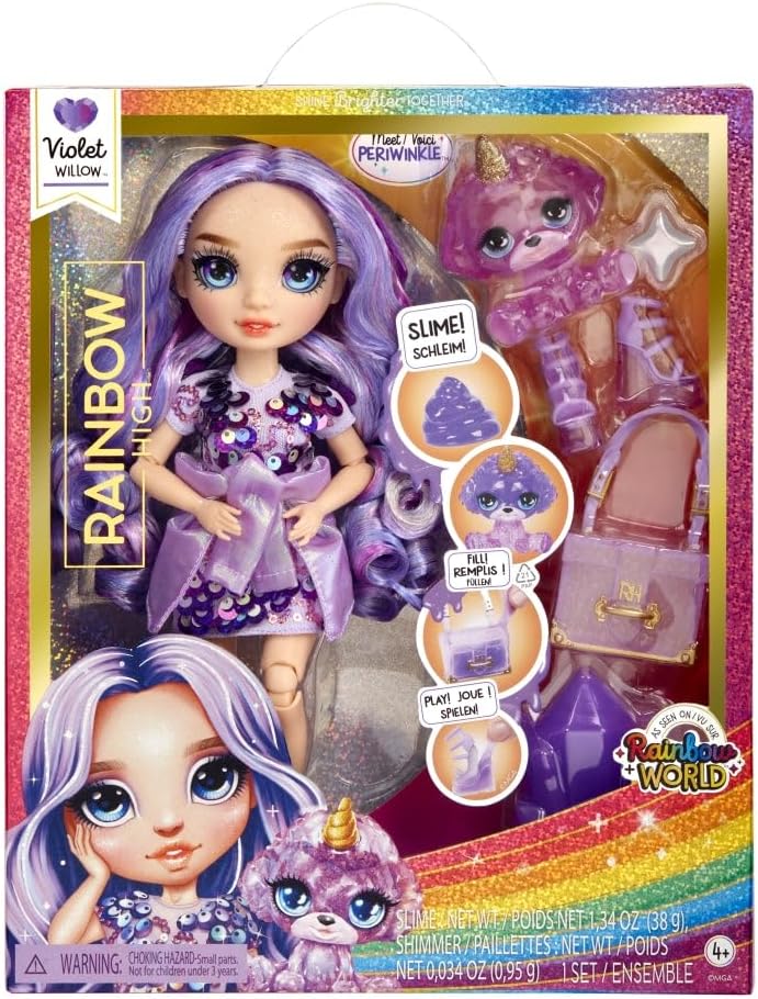 Rainbow High Modepuppe mit Schleim & Haustier - Violet (Lila) - 28 cm Schimmernde Puppe mit Glitzers