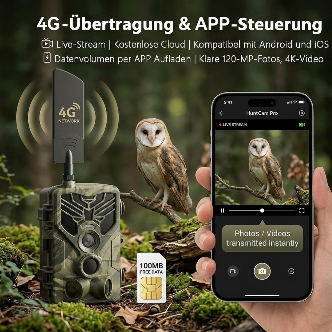 Wildkamera 4G APP, 120 MP 4K, Wildtierkamera mit SIM-Karte, Telefon-Sende-Foto, Nachtsichtkamera 940