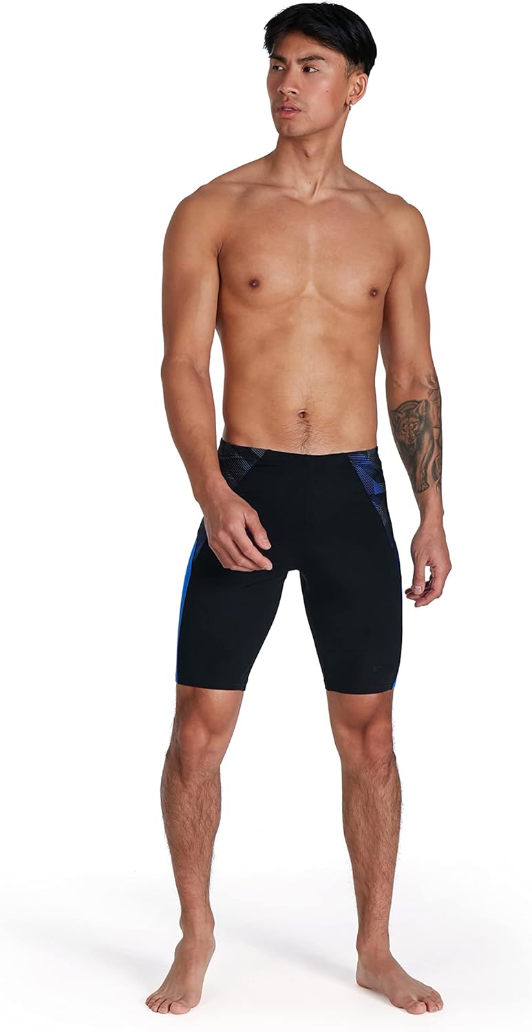 Speedo Herren Eco Endurance+ Splice II Badehose Schwarz/Blau Flame/Usa Anthrazit 26, Schwarz/Blau Fl