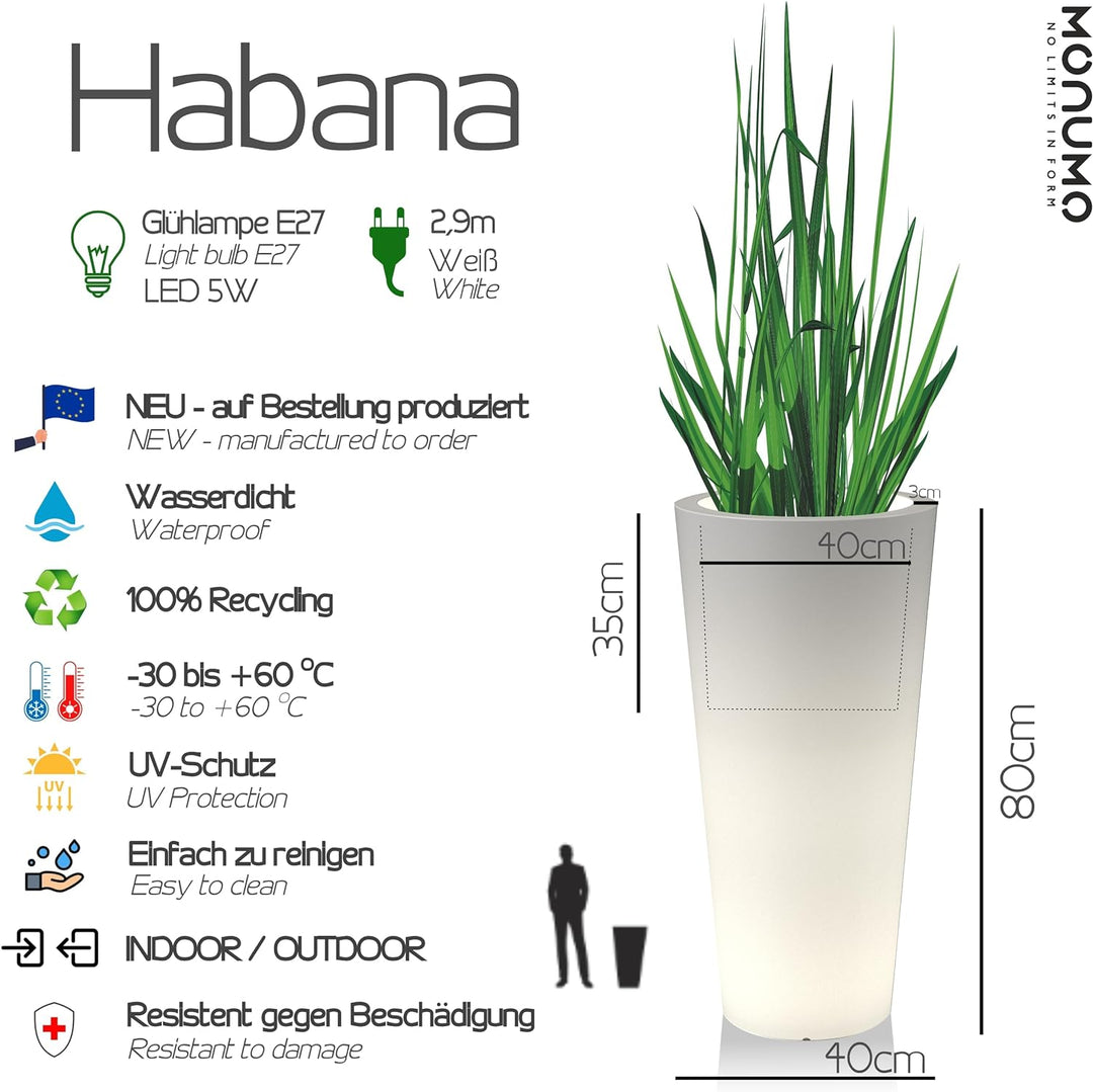 Monumo®️ Leuchtender Blumentopf Gross 80 cm x ⌀40 cm | geeignet für Haus, Büro, Garten, Patio, Hotel