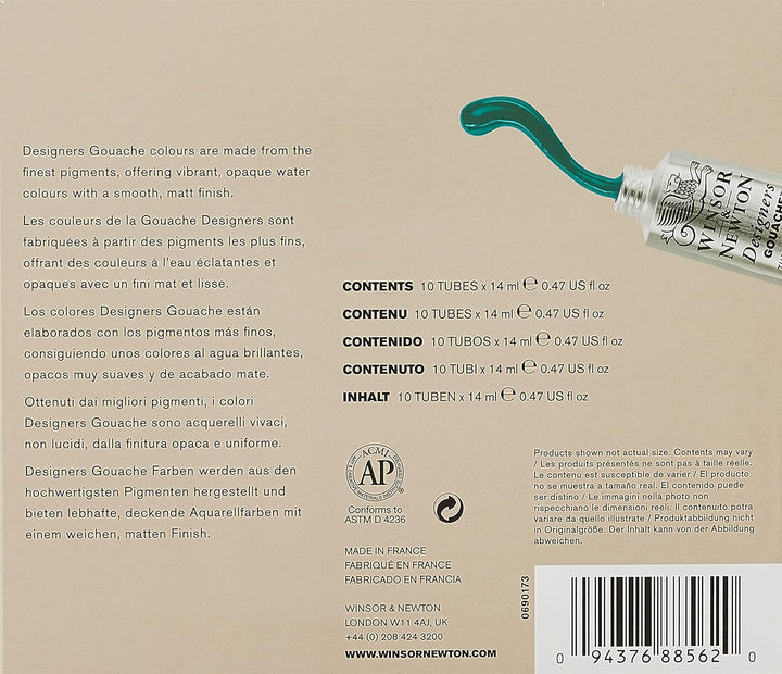 Winsor & Newton 0690173 Designers Gouache, feinste Künstlerfarbe, Einführungsset 10 Farben in 14ml T