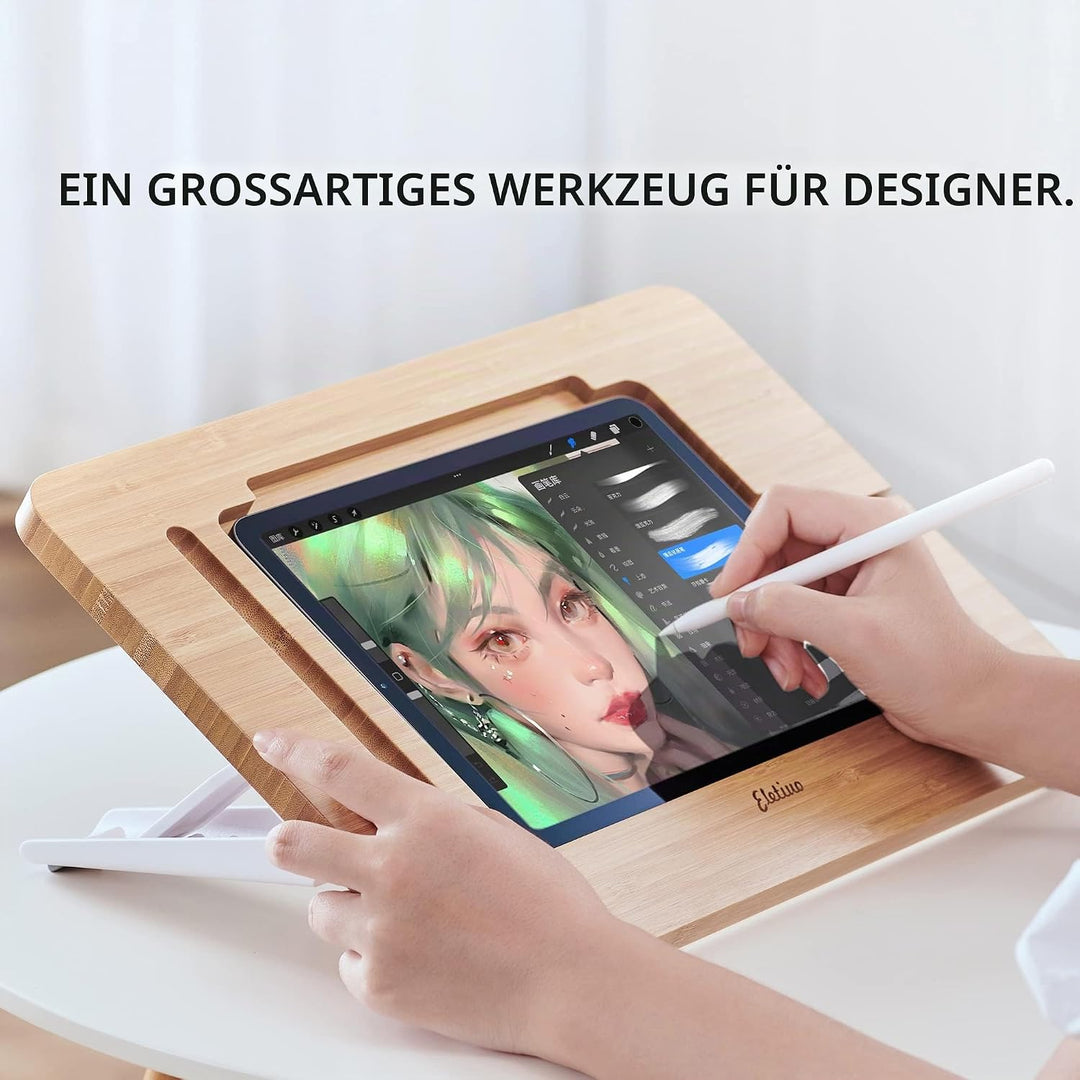 ELETIUO Verstellbarer TabletStänder mit Bleistift und Ladekabelschlitz, verbesserter BambusHolzSchre