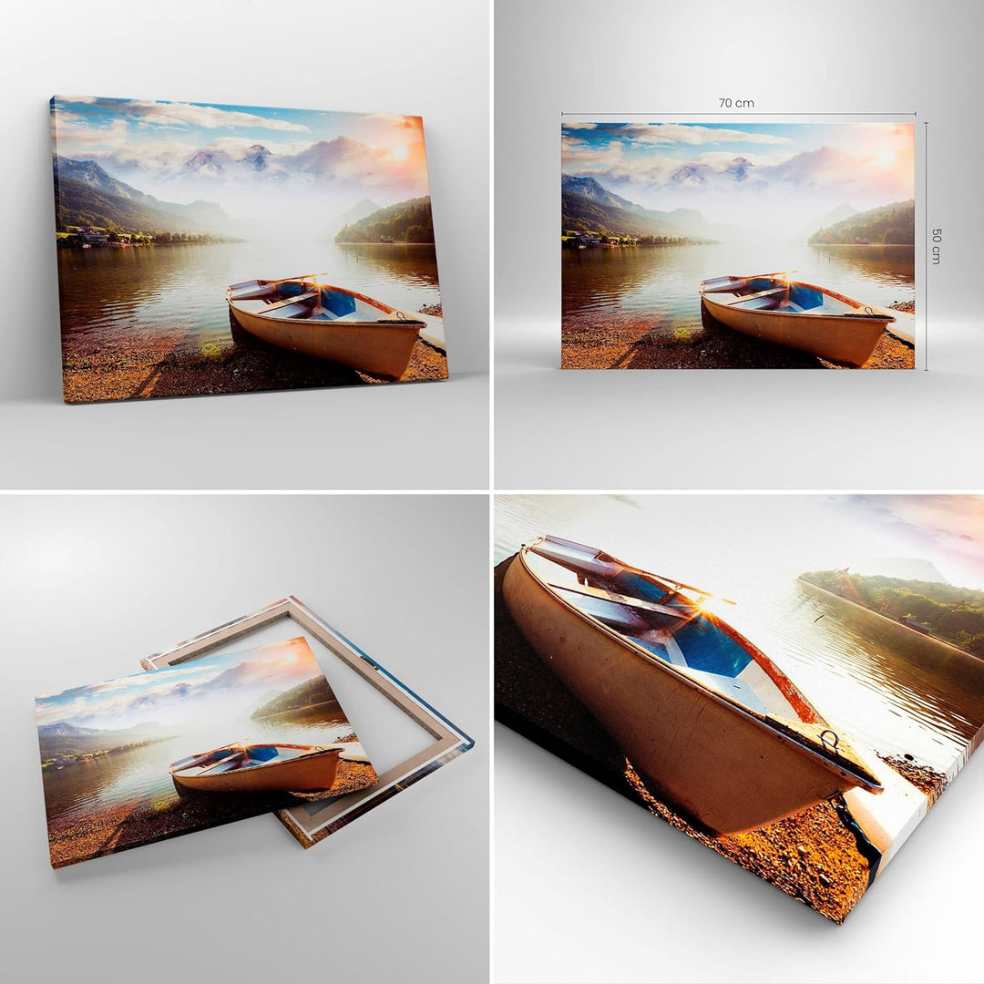 Bilder auf Leinwand Berge See Boot Leinwandbild mit Rahmen 70x50cm Wandbilder Dekoration Wohnzimmer