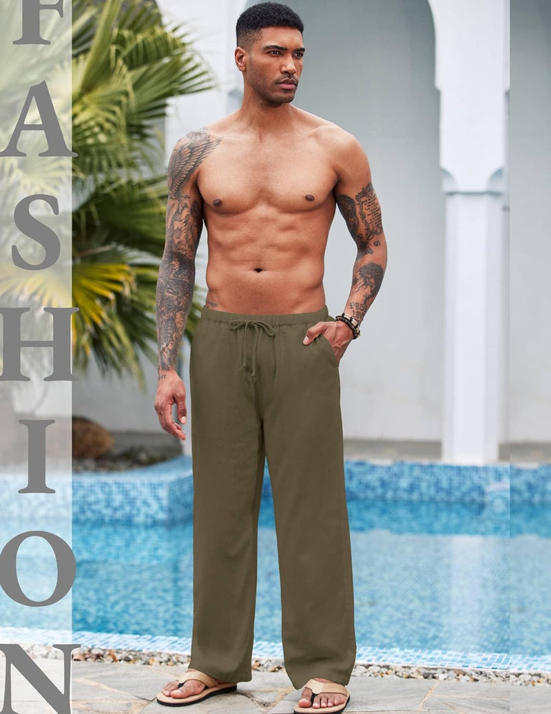 COOFANDY Herren Hose Lange Leinenhose Leicht Sommerhose Strandhose Elastische Taille Yoga Hosen Männ