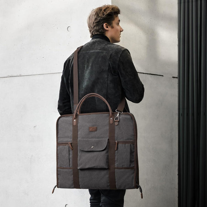 S-ZONE Herren Kleidersack Anzugtasche Canvas Echtleder Trim Kleidertasche für Reisen Kurzurlaub Gesc