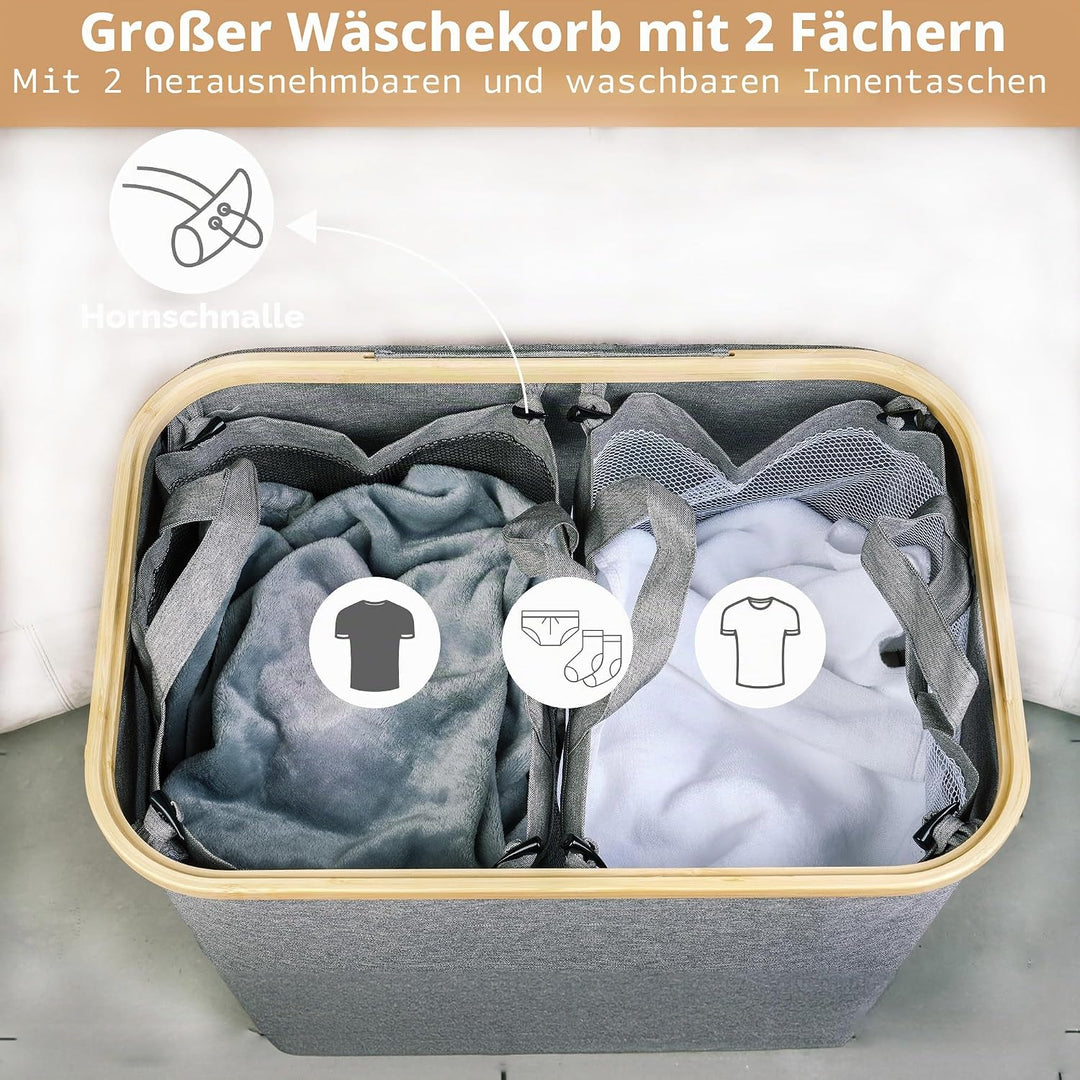 iEGrow Wäschekorb 2 Fächer 150L, Grosse Wäschekörbe für Wäsche mit herausnehmbaren und waschbaren In