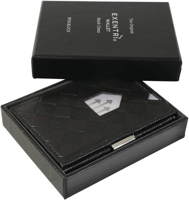 EXENTRI Leder Dreifachgefaltete Brieftasche aus Chess - RFID- Schutz mit Verschlussclip aus Edelstah