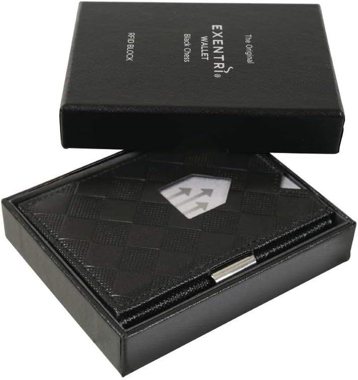 EXENTRI Leder Dreifachgefaltete Brieftasche aus Chess - RFID- Schutz mit Verschlussclip aus Edelstah