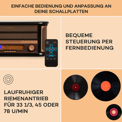 Auna Plattenspieler für Schallplatten, USB Plattenspieler mit Lautsprecher und CD-Player, Retro Scha