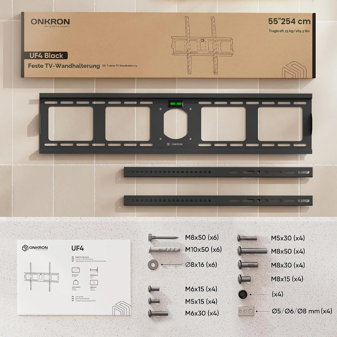 ONKRON Feste TV Wandhalterung für grosse 55-100 Zoll TVs bis zu 75 kg, Ultra Slim TV Wandhalterung F