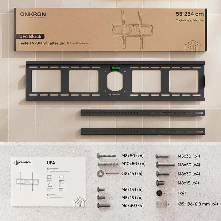 ONKRON Feste TV Wandhalterung für grosse 55-100 Zoll TVs bis zu 75 kg, Ultra Slim TV Wandhalterung F