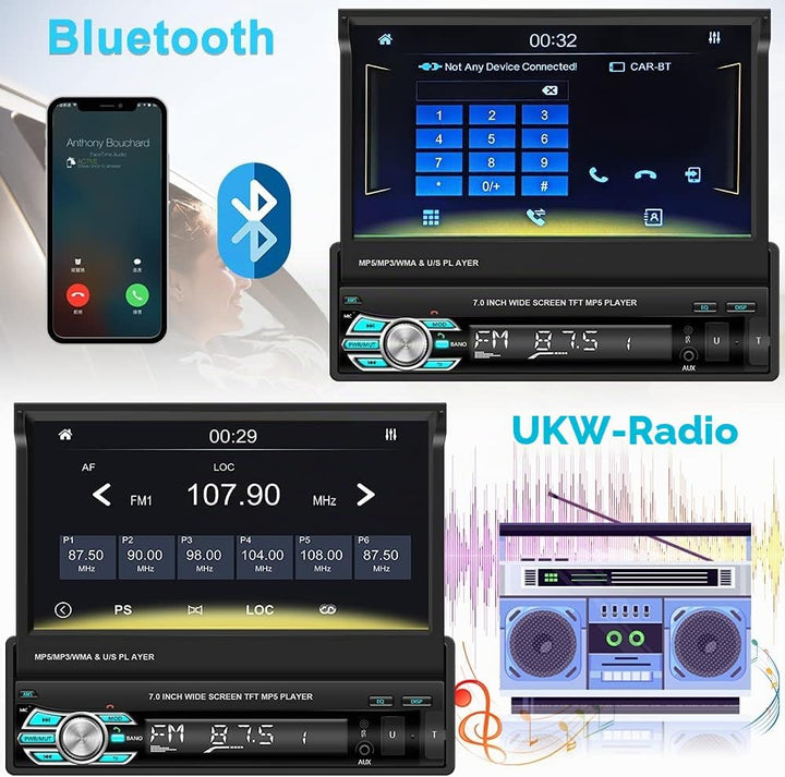 1 Din Autoradio Carplay und Android Auto, Hikity 7 Zoll Bildschirm Bluetooth Freisprecheinrichtung A