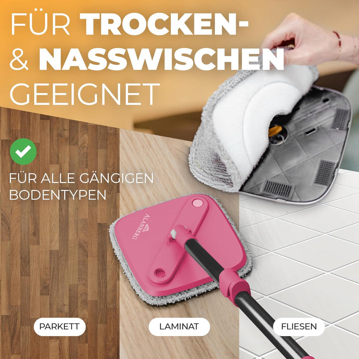 Wischmopp Set mit Eimer, 2-Kammer-System & 2 Mikrofaser-Pads, Flachmopp Bodenwischer mit Edelstahlst