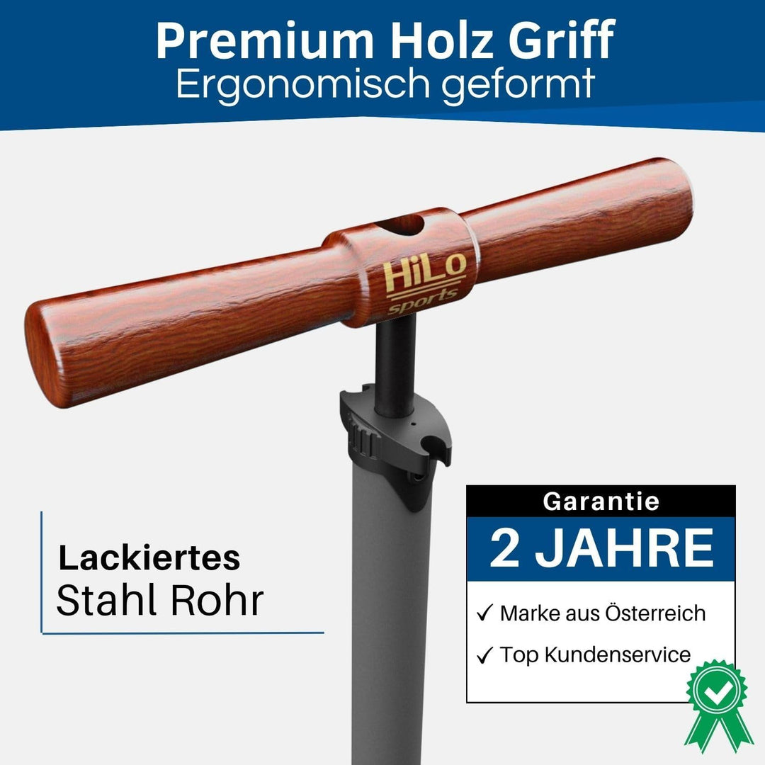 HiLo sports Fahrrad Standpumpe bis 11 bar - [Passt für alle Ventile] - Standluftpumpe mit Holz Griff