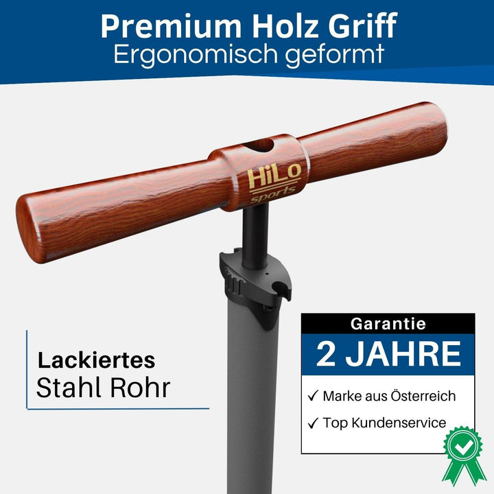 HiLo sports Fahrrad Standpumpe bis 11 bar - [Passt für alle Ventile] - Standluftpumpe mit Holz Griff