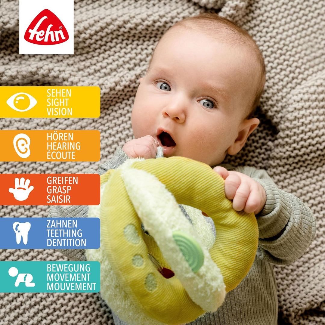 Fehn Activity Greifball Happy Dino - Spielball mit Rassel, Raschelpapier & Quietsche - Ball Babyspie