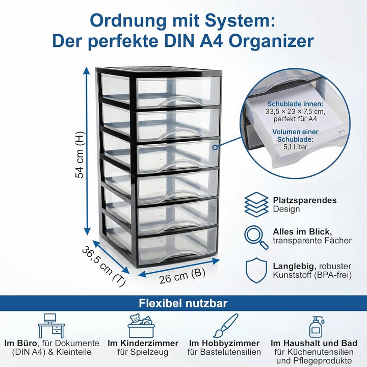 Hausfelder Schubladenbox A4 mit 6 Schubladen inkl. Aufkleber, Schubladenturm Box aus Kunststoff für