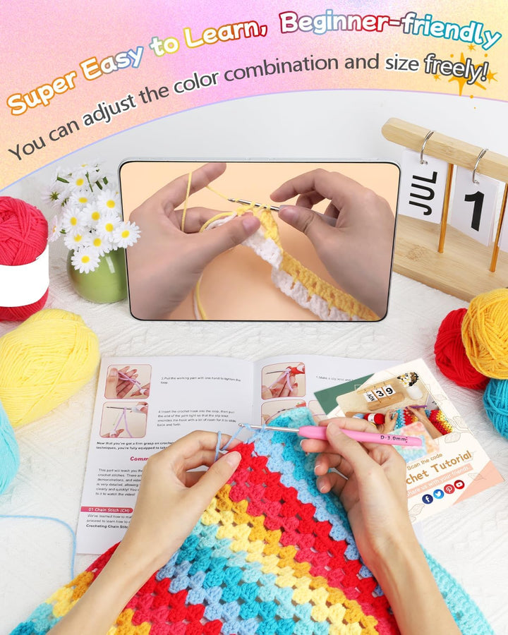 Aeelike Rainbow Blanket Crochet Kit - Häkelsets für Anfänger Erwachsene mit Anleitung, Schritt-für-S