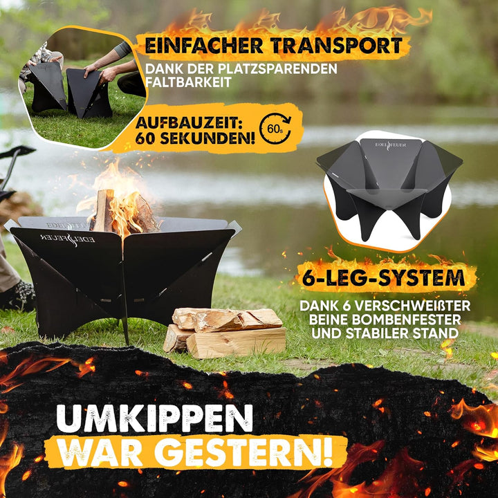 EDELFEUER Feuerschale Faltbar + GRATIS Grillrost - Leichter Aufbau - Ø 80cm [Ultra Stabil] Feuerkorb