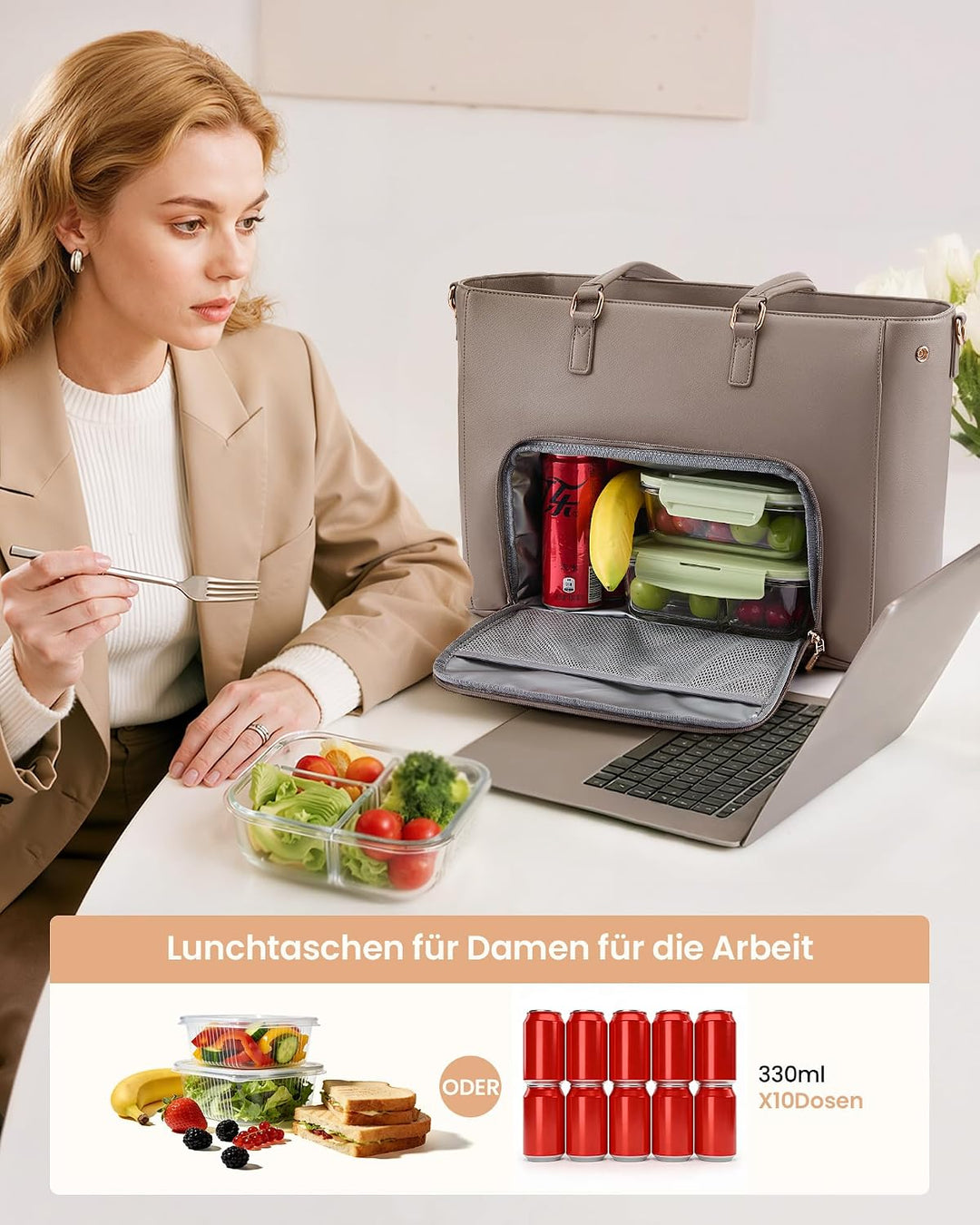 LOVEVOOK Laptoptasche Damen, Arbeitstasche mit Isoliertem Kühlfach Gross | 15,6 Zoll Laptop Handtasc