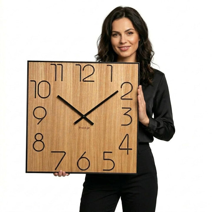 FLEXISTYLE Holzwanduhr Wood Square Holz Eiche 50cm Durchmesser holzoptik ohne tickgeräusche