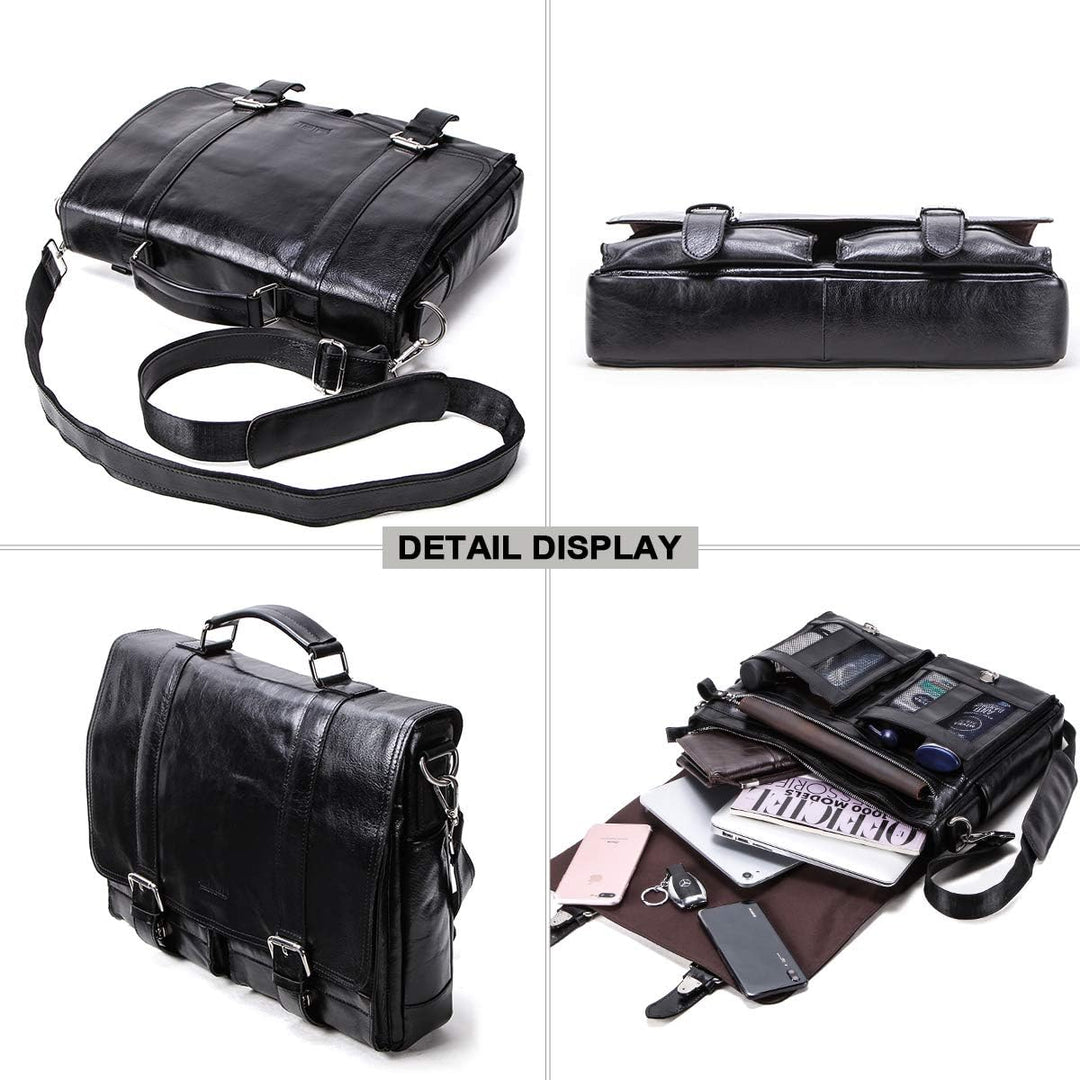 Contacts Echtes Leder 14" Herren Messenger Schultertasche Laptop Aktentasche Schwarz, Schwarz