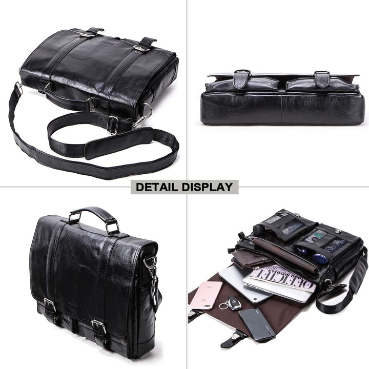 Contacts Echtes Leder 14" Herren Messenger Schultertasche Laptop Aktentasche Schwarz, Schwarz