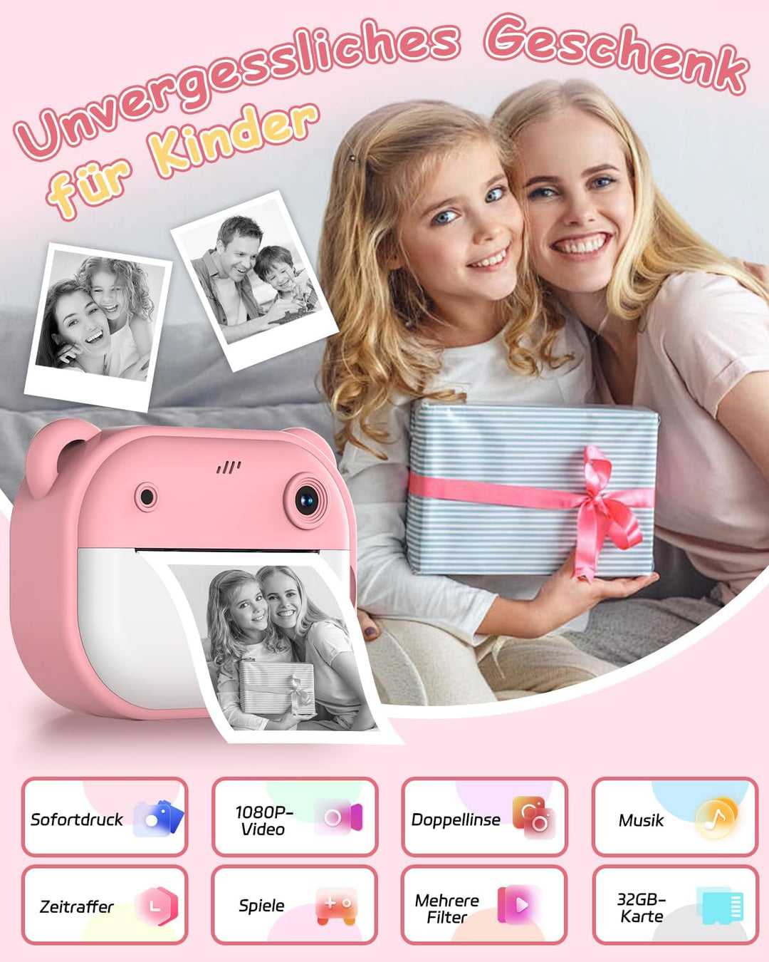 Sofortbildkamera Kinder, 1080P Dual-Linse Kinderkamera Sofortbildkamera, 2" Bildschirm Digitalkamera