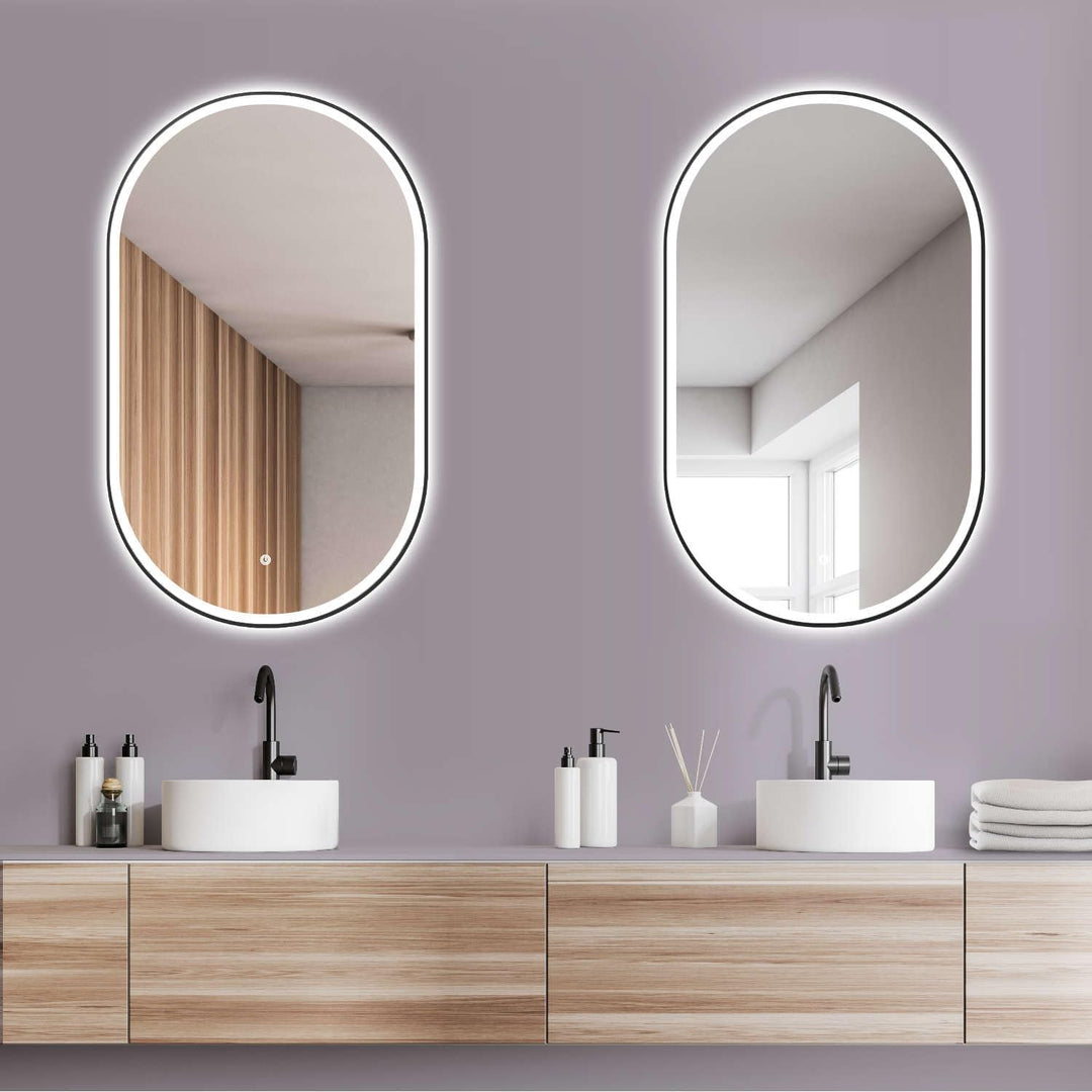 HOKO Design Bad Spiegel oval 50x90 cm / 90x50 cm Parma+ Metall Rahmen Schwarz. HOCH+QUER Montage. LE